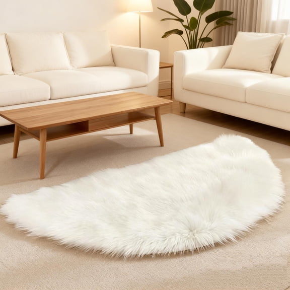 Semicircle Fluffy Rug White Soft Anti Slip Carpet for Bedside Bedroom Living Room Shaggy Mat 35.4"x17.7"