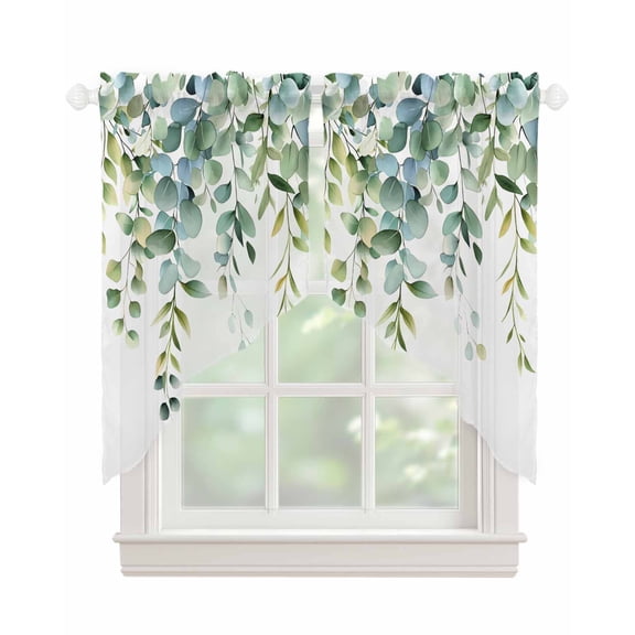 Eucalyptus Green Swag Valances for Windows, Gradient Leaves Retro Watercolor Plant Rod Pocket Sheer Valances for Large Windows, Swag Toppers Light Filtering for Kitchen Living Room 2 Panels 36''x45''