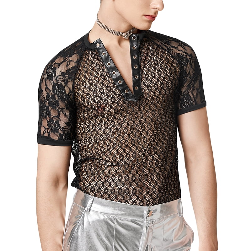 INCERUN Mens Lace Mesh Patchwork Party Nightclub Short Sleeve See ...