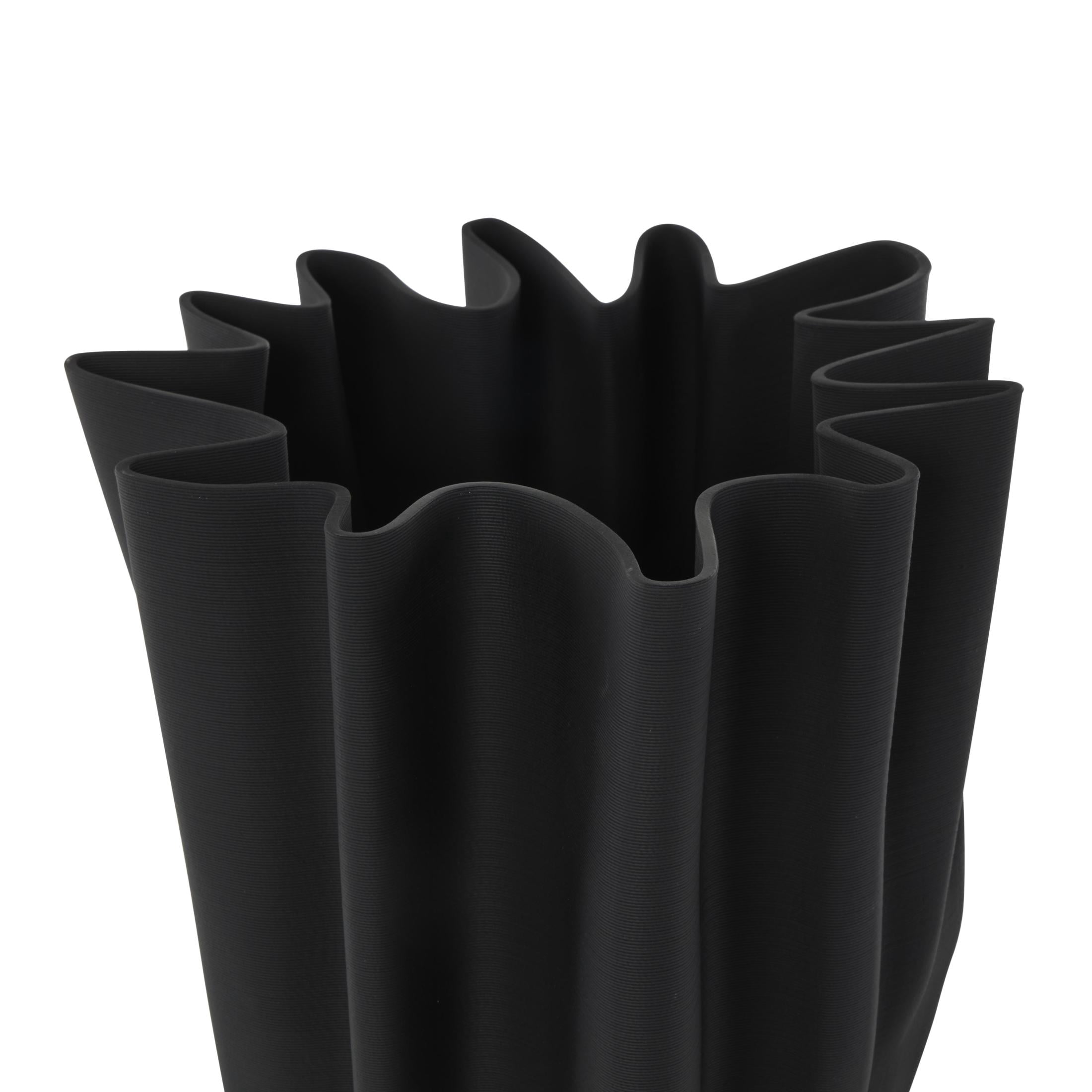 DecMode 15" Abstract Dimensional Ribbed Tulip Black Ceramic Vase with Angular Rim