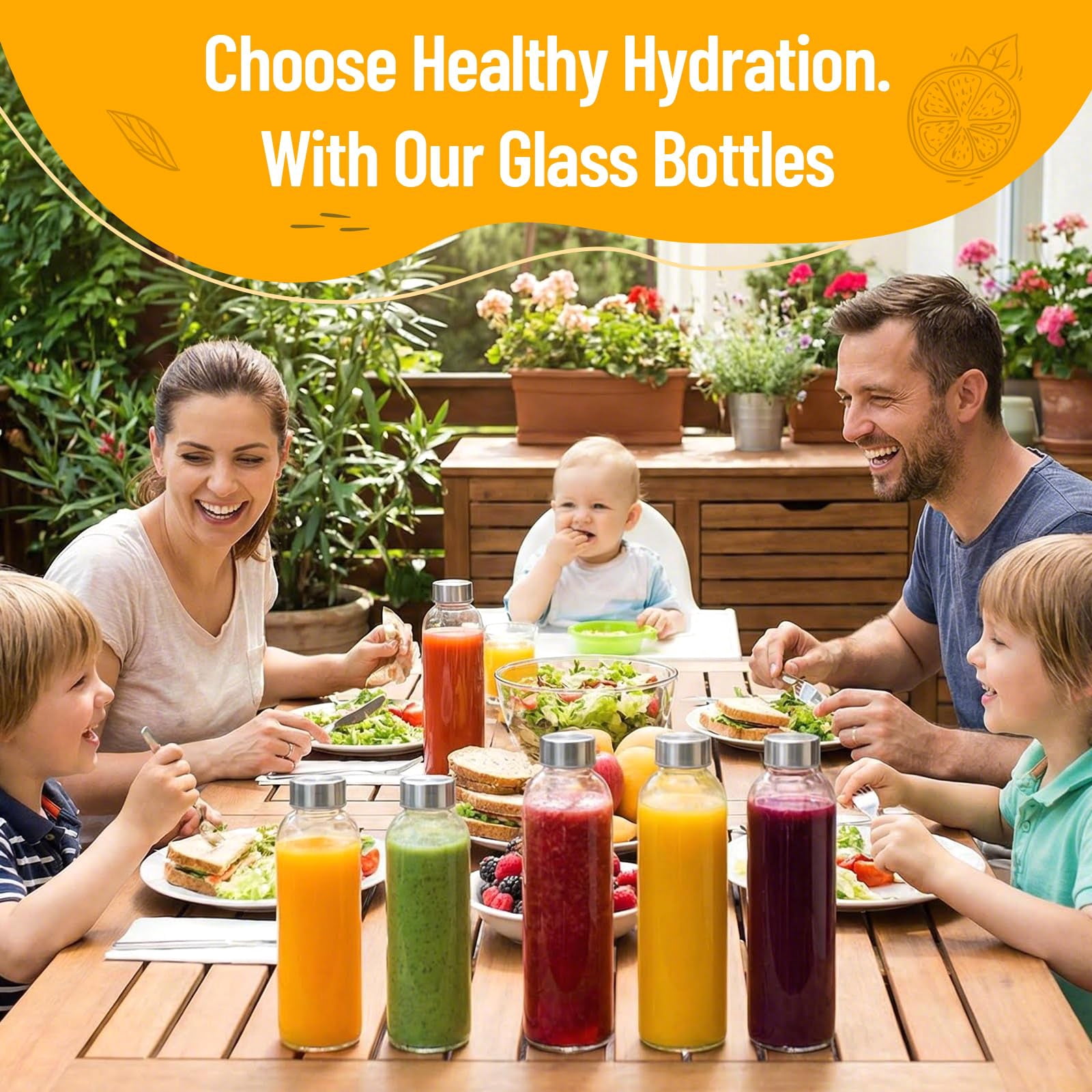 Set of 10 Clear Glass Bottles, with Lids 18 oz Reusable Water, Bottles Stainless Steel Cap Juicing Refrigerator Leak Proof BPA Free