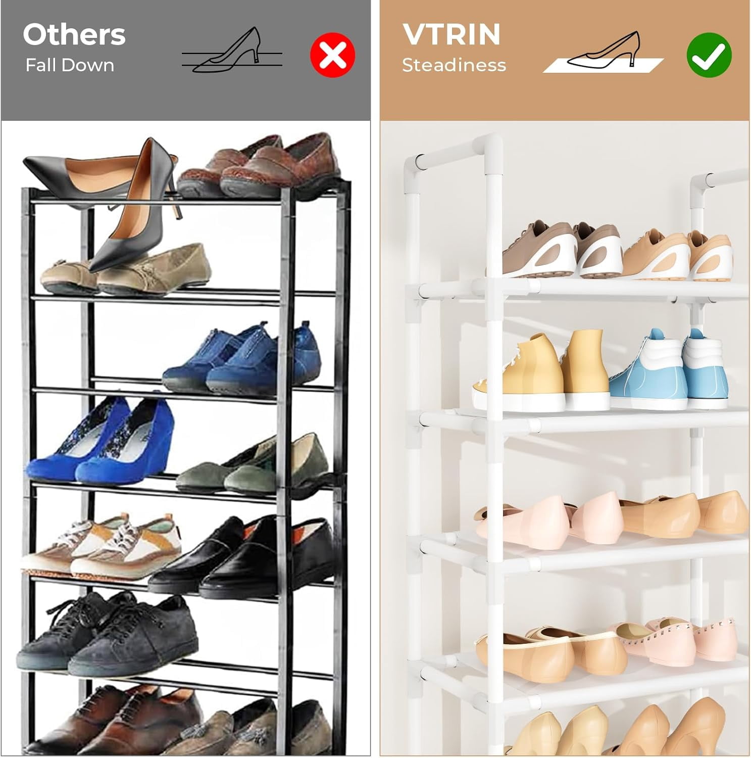 10 Tiers Tall Shoe Rack Holds 20-25 Pairs of Shoes Sturdy Vertical Shoe Organizer with 18pcs Hooks Stackable Narrow Shoe Rack for Closet, Entryway White