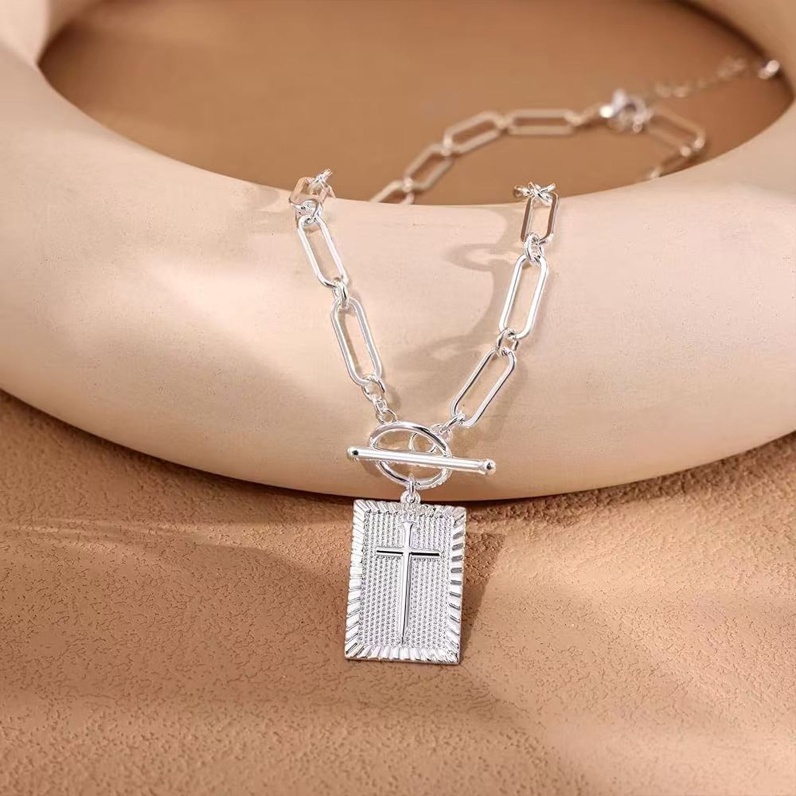 HETICA Chunky Cross Necklace Gold Silver Paperclip Chain Rectangle 