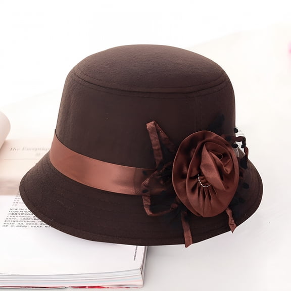 TELOLY Women'S Casual Dress Hat,Retro British Style Wool Wide Brim Cloche Hat with Flower Decoration,Autumn Winter Fashion Hat for Formal Occasions and Daily Wear,Elegant Vintage Inspired Design