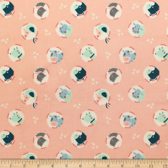 Cluck Moo Oink Animals in Peach 100% Cotton Fabric Sold by the Yard