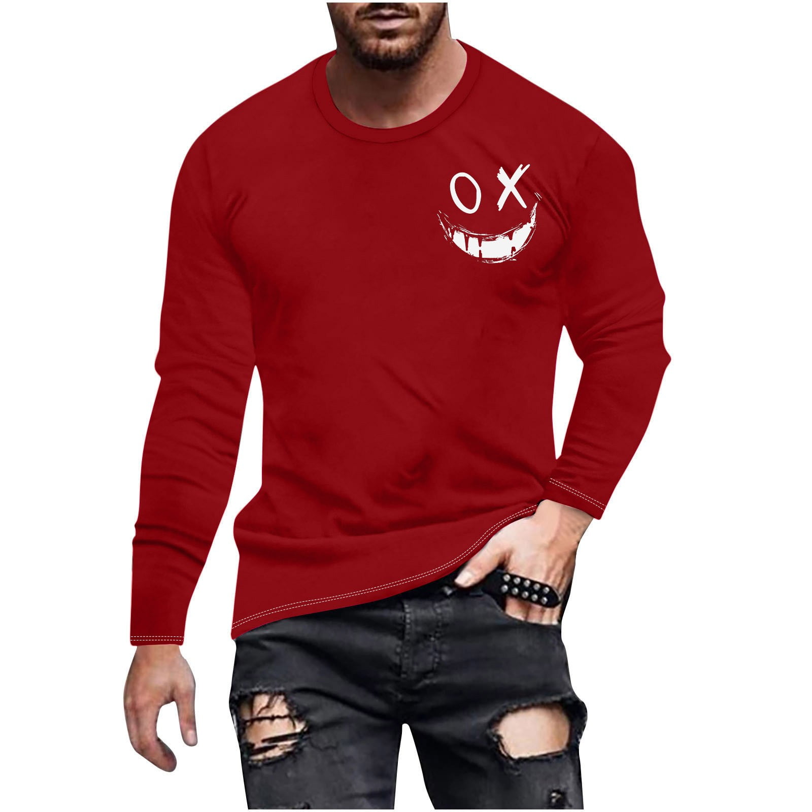 YanHoo T-Shirts d'Halloween pour Hommes Manches Longues Col Rond Décontracté Chandail Amusant T-Shirts Graphiques d'Halloween