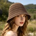 thumbnail image 2 of bestolf Women Summer Basin Hat Pure Color Hollow Design Fisherman Hat Travel Sun Protection Bucket Hat (Beige1 ), 2 of 8