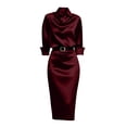 thumbnail image 2 of TaTaai Womens Dresses Long Sleeve Turndown Collar Solid Button Back Split Midi Dress with Belt Silky Smooth Lustrous for Fall, 2 of 7