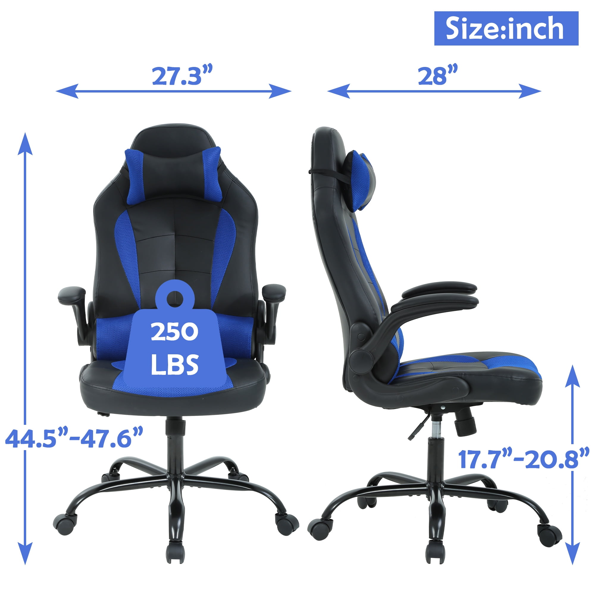 YRLLENSDAN Gaming Chairs，Office Gaming Chair with Lumbar Support Flip Up Arms Headrest Swivel Rolling Adjustable Computer Chair Racing Chair Gaming Chair for Adults Teens, Blue