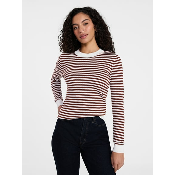 Time and Tru Women's Stripe Pointelle Rib Sweater with Long Sleeves, Lightweight, Sizes XS-XXXL