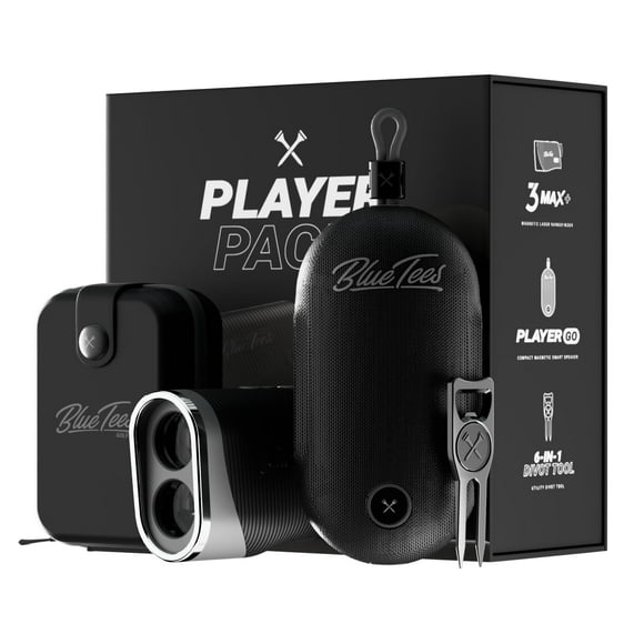 Blue Tees Golf Player Pack GO Bundle - Series 3 Max+ Rangefinder with Premium Case, The Player GO GPS Equipped Magnetic Speaker & Premium 6-in-1 Utility Divot Tool - The
