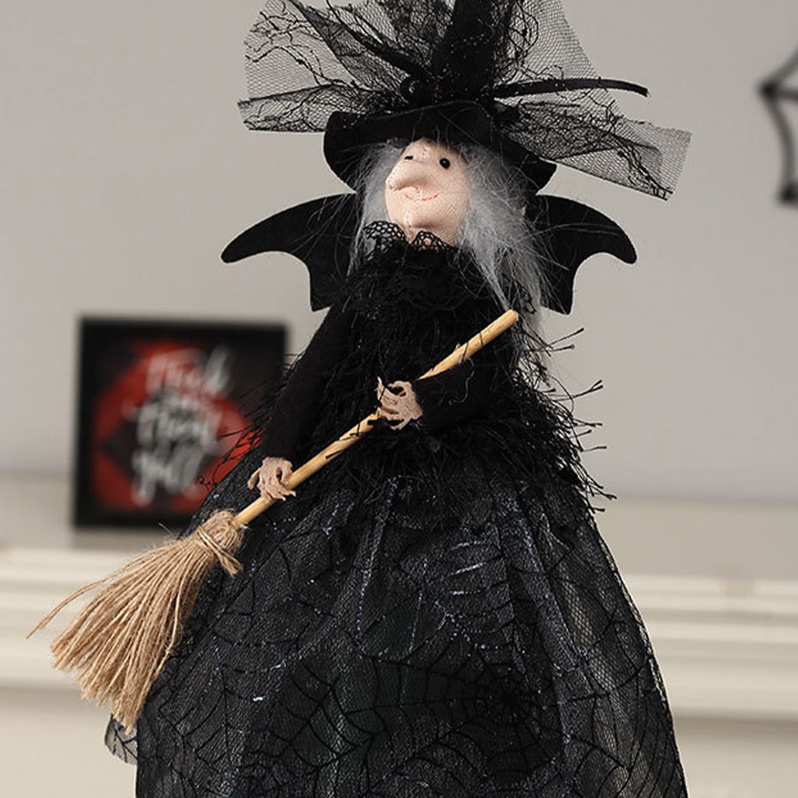 Décor Suspendu Sorcière Halloween - Environ 12x20 Cm, Avec Balai - Pour Fenêtre, Porte, Jardin, Fête Effrayante