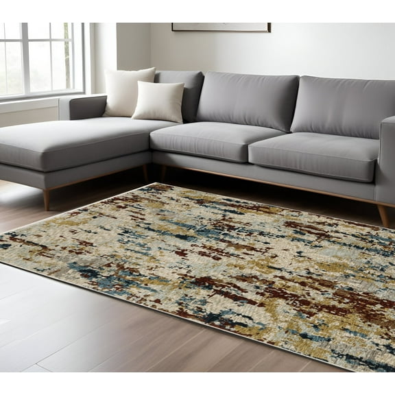 HomeRoots 575030 10 x 13 ft. Abstract Distressed Rectangle Area Rug with Fringe, Beige, Rust & Light Blue