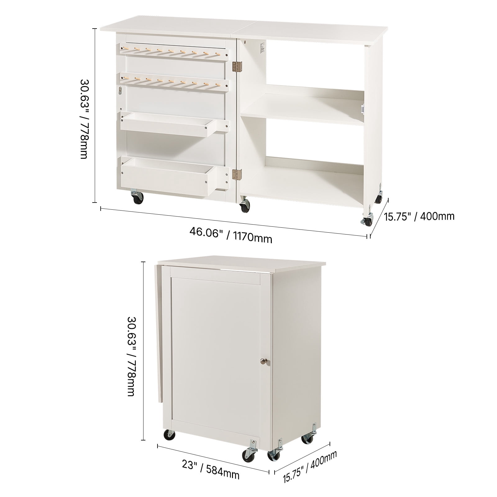 VEVOR Folding Sewing Table, Multipurpose Sewing Machine Table with Compact Design, Wheels, Shelves, Storage Trays, Wooden Pegs, and Magnetic Doors, Sewing Desk Cabinet for Sewing Machine, White