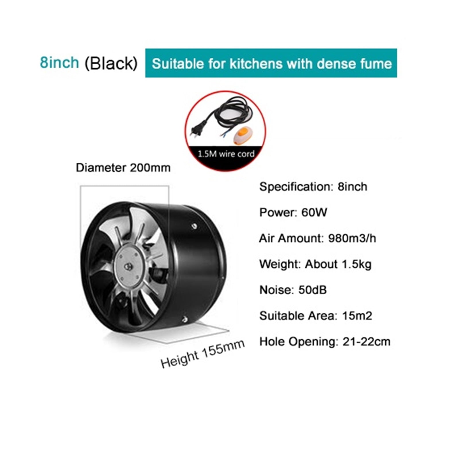8 Inch Pipe Exhaust Fan 8" Duct Ceiling Air Ventilation Blower Inline Booster 200mm Window Exhauster Toilet Kitchen Exhaustfan ,Energy-Efficient