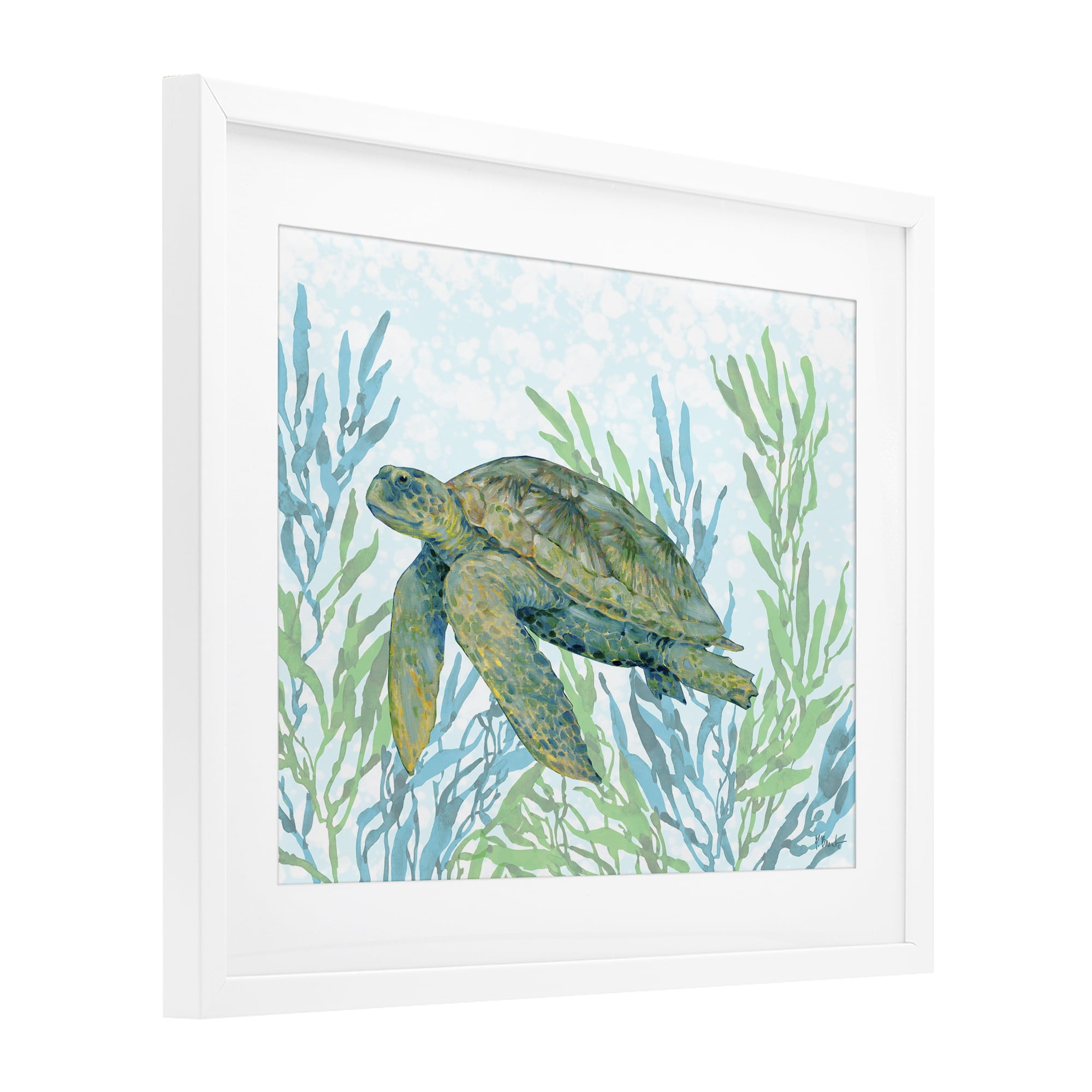 Stupell Industries Tasman Turtle in Seagrass White Framed Print Under Glass, design by Paul Brent