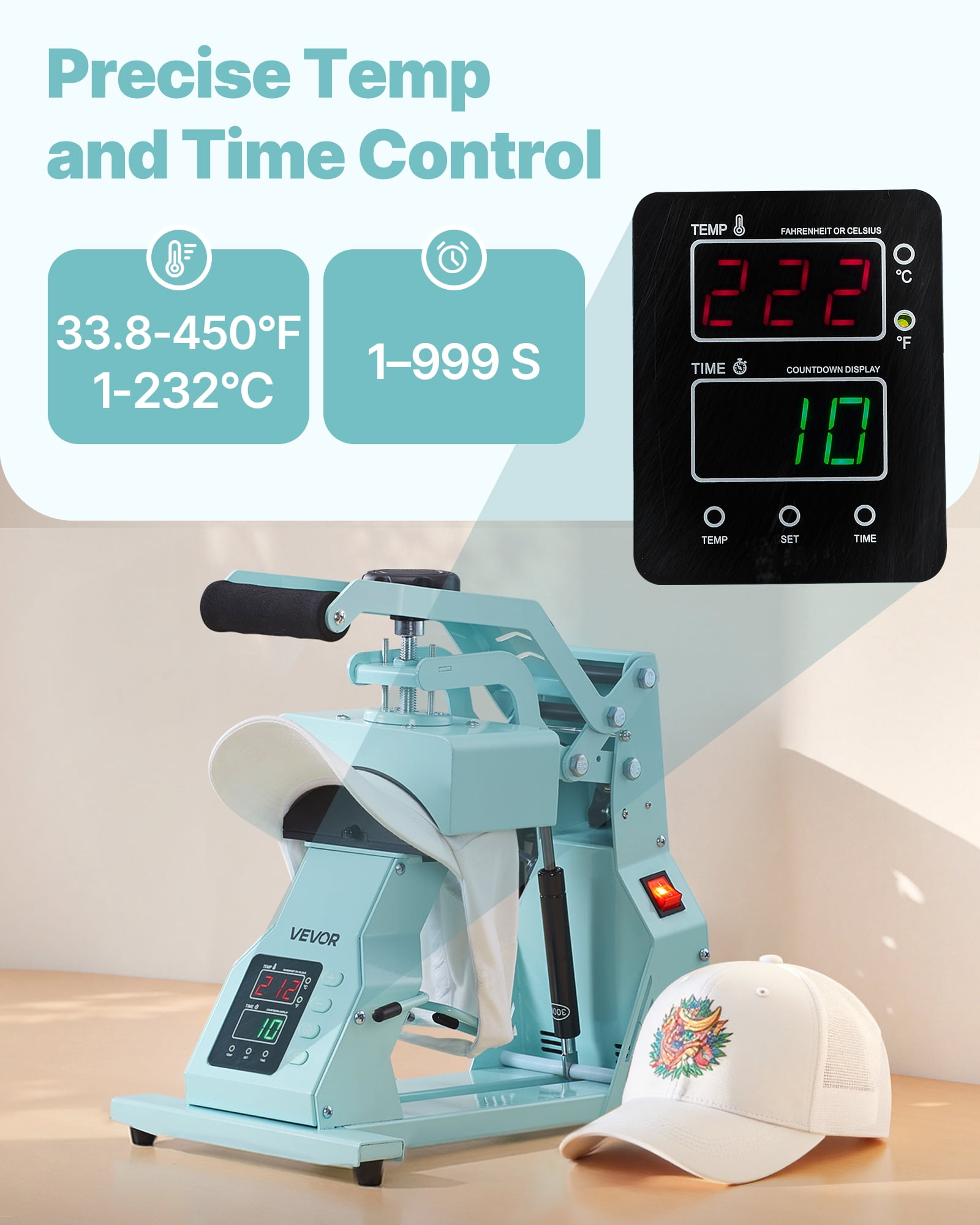 VEVOR Hat Heat Press Machine, with 4pcs Interchangeable Platens, Precise Temperature and Time Control, Hat Press for HTV Iron On and Sublimation Projects, for Caps,Headbands,Cuffs,Face Masks,Green