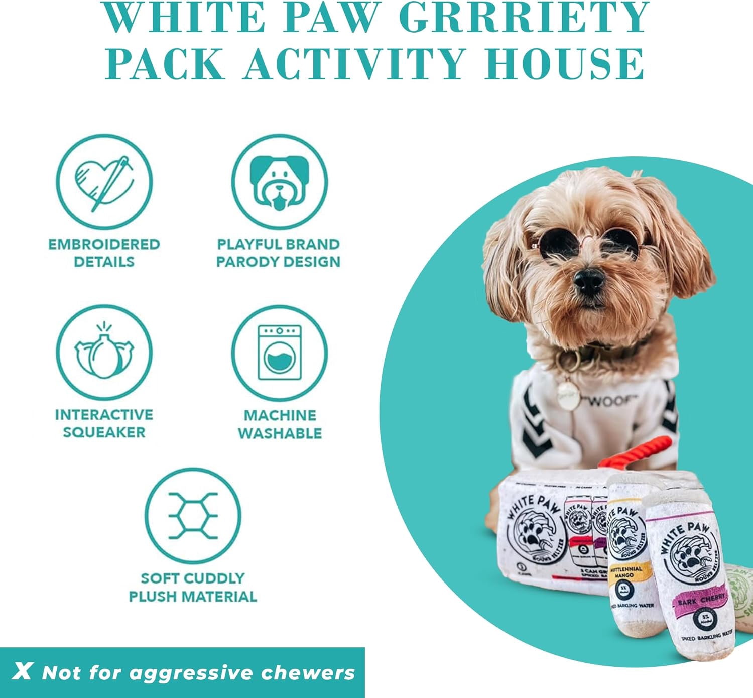 Haute Diggity Dog White Paw Grrriety Pack Activity House, Plush Dog Toys with Squeaker, Machine-Washable, for All Breeds, One Size