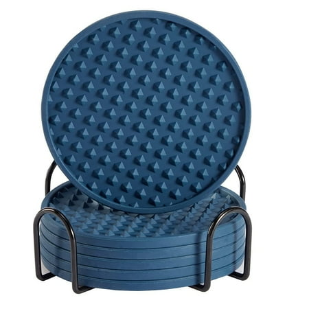 

6Pcs Silicone Coaster Drink Coaster with Holder Coffee Coaster Suitable for Bar Desktop Non-(Dark Blue)