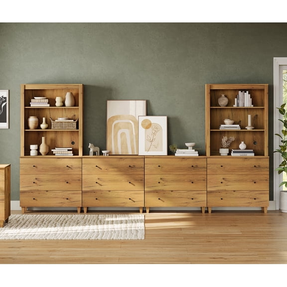 WAMPAT Modern Entertainment Center for 75" TVs, Wood TV Stand with Drawers & Adjustable Shelves for Living Room,Oak Brown
