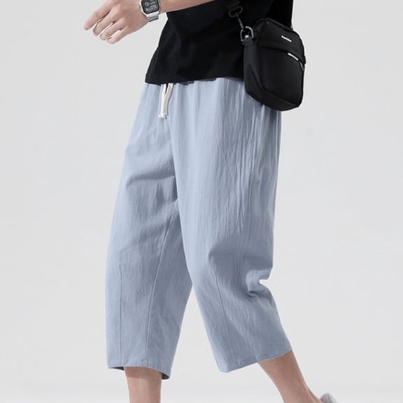 Dxzfnsa Men's Cotton Linen Capri Pants Summer Casual Lightweight Solid Color 3/4 Pants Men Elastic Waist Drawstring Sport Beach Shorts with Pockets
