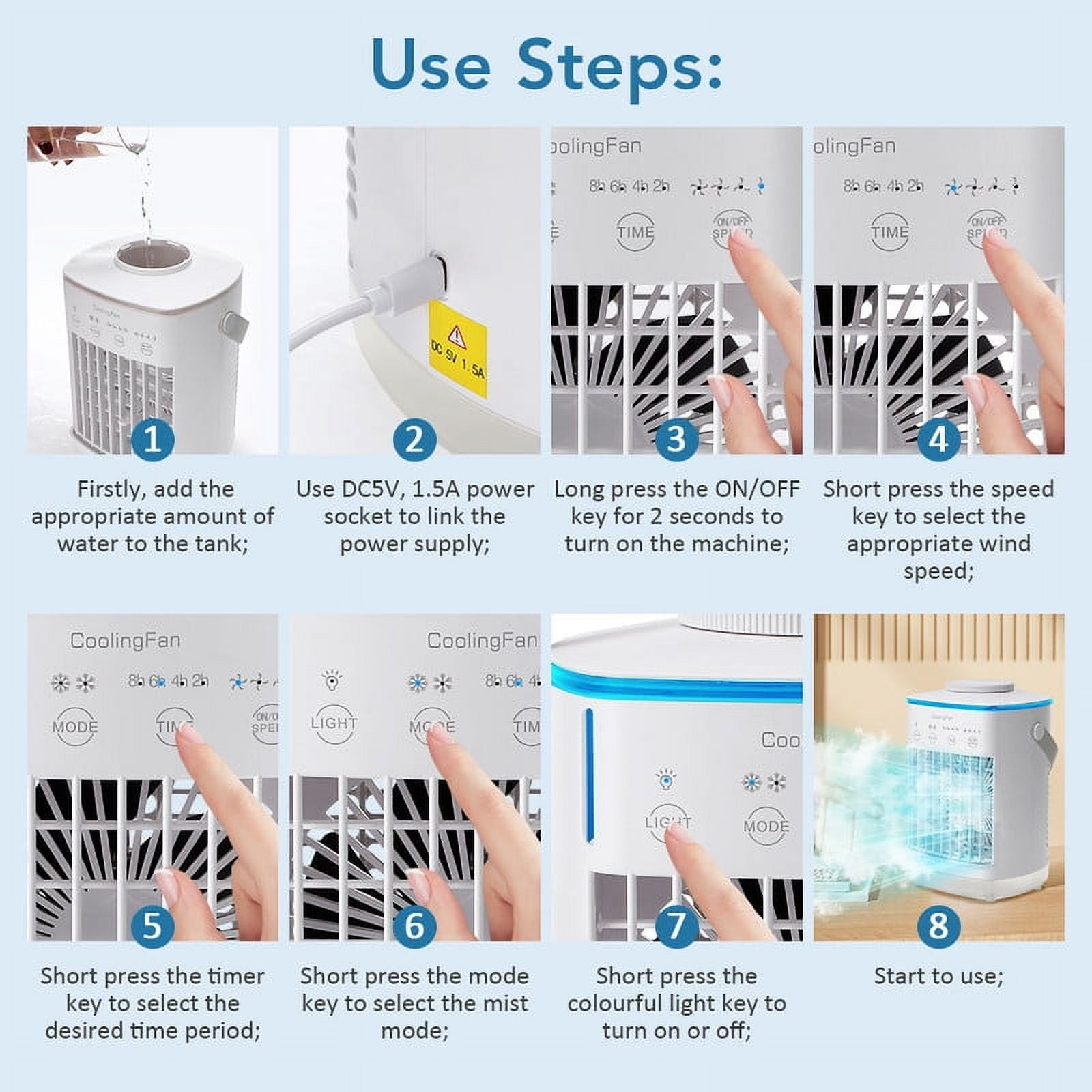 HailiCare Mini Portable Air Conditioner, 6-in-1 Evaporative Coolers with Mist Sprayer Function,Air Cooler with 4 Speeds and 7 Color LED Light for Home Bedroom Office