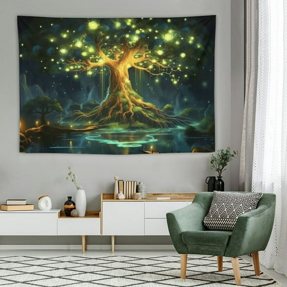 Creowell  Fantasy Forest Tapestry Green Fairy Tree Tapestries, Enchanted Forest Green Tree Tapestry, Glowing Dreamy Green Tree Decor Tapestry (60x40 Inch) 60x40in