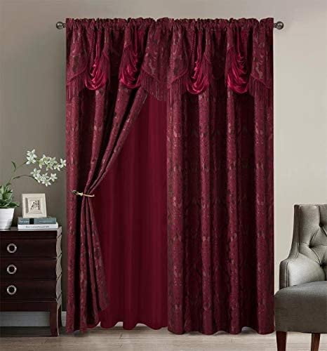 Fancy Linen Embroidery 2 Panel Curtain Set with Backing & Valance Burgundy New 