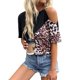 thumbnail image 2 of Top de manga corta para mujer, Top informal con estampado de leopardo y costuras con cuello redondo y hombros descubiertos a la moda, 2 of 6