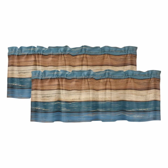 Farmhouse Navy Blue Brown Valances for Windows, Decorative Rod Pocket Window Valance Curtains, Vintage Wooden Striped Short Curtain Drapes for Kitchen/Bathroom/Living Room, 2 Panels, 60" W x 18" L