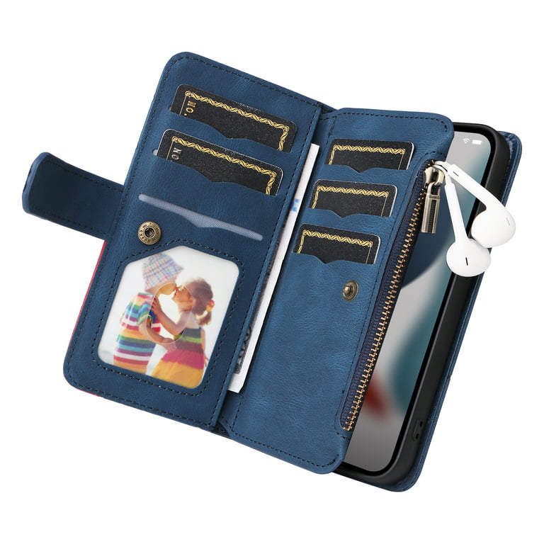 Zipper Wallet Case for iPhone 14 Plus Large Capacity Card Slots Holder  Magnetic Clasp Cover, Luxury PU Leather Anti-Shock Flip Folio Case with  Kickstand Wrist Strap Handbag Protective Case,Blue 