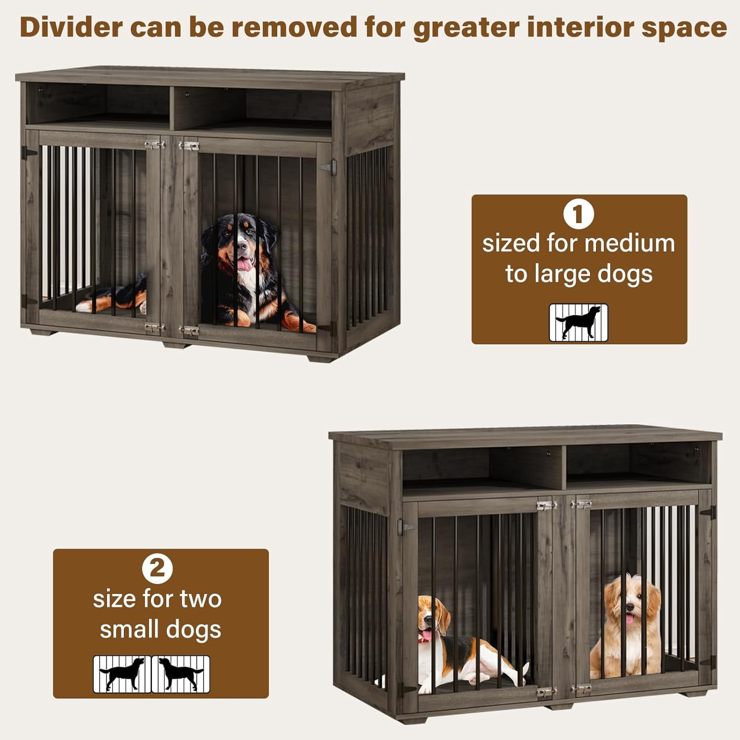 DreamCurship 41 Inch Dog Crate Furniture, 2-Door Wooden Dog Crate Kennel Furniture with Divider, Indoor Dogs Kennel for Small to Medium, Rust Brown