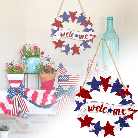 250th Anniversary Patriotic Wreath, 4th of July Front Door Decor & Independence Day Patriotic Wreath, Wooden Red White Blue Star Welcome Wreath for Memorial Day Porch Decor