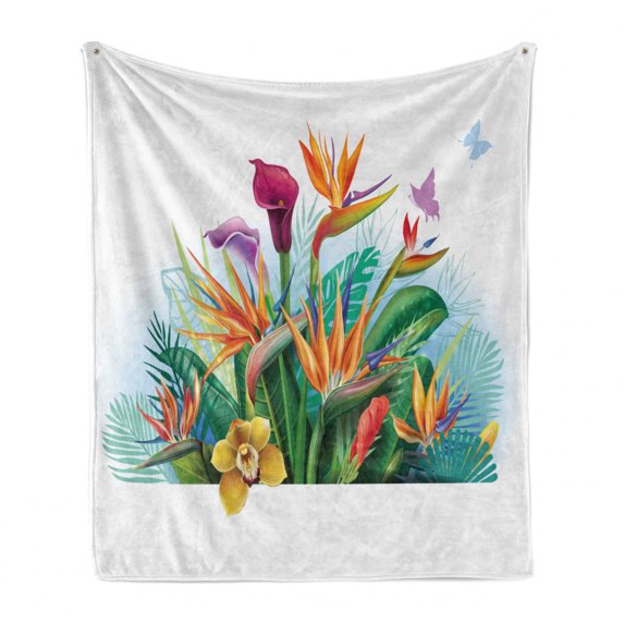 Orchids Soft Flannel Fleece Throw Blanket, Cattleya Exotic Flower Strelitzia Blossom Fan Palm Royal Fern Epic Gardening Art, Cozy Plush for Indoor and Outdoor Use, 60" x 80", Multicolor, by Ambesonne