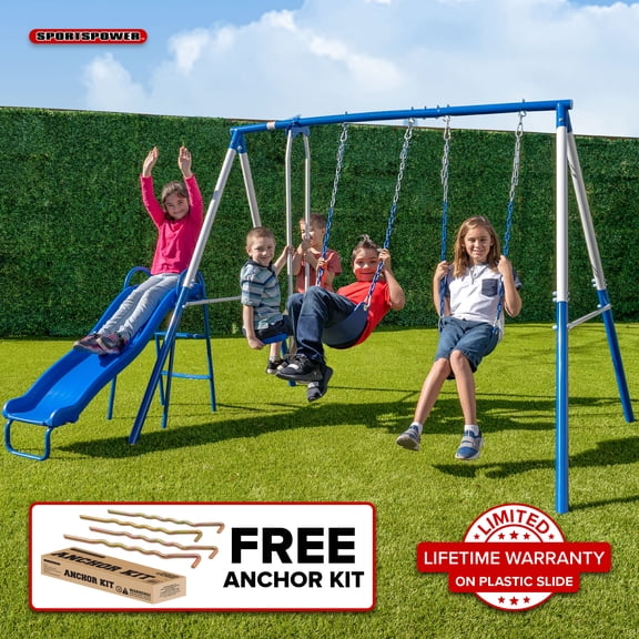 Sportspower Albany Metal Swing Set with 2 Person Glider Swing, 2 Adjustable Sling Swing Seats, 5' Double Wall Slide with Lifetime Warranty, & Bonus Anchor Kit, Great for Kids 3-8