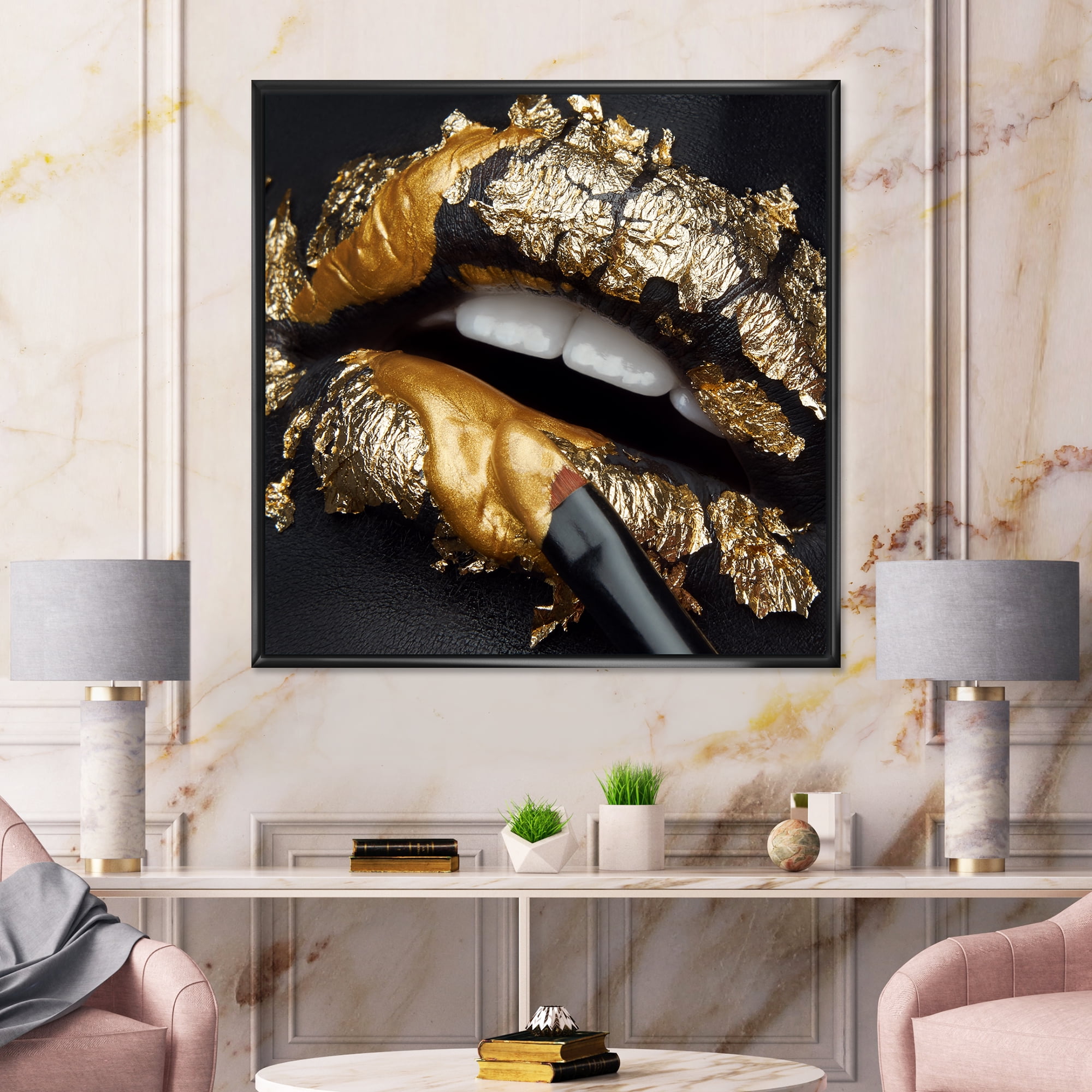 Designart 'Female Lips With Black Leather and Gold Foil' Modern Framed Canvas Wall Art Print