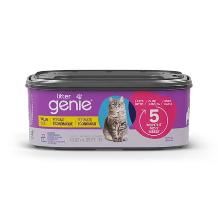 The Litter Genie Jumbo Value Refill offers 35 feet of bags, lasting up to 5 months for one cat.