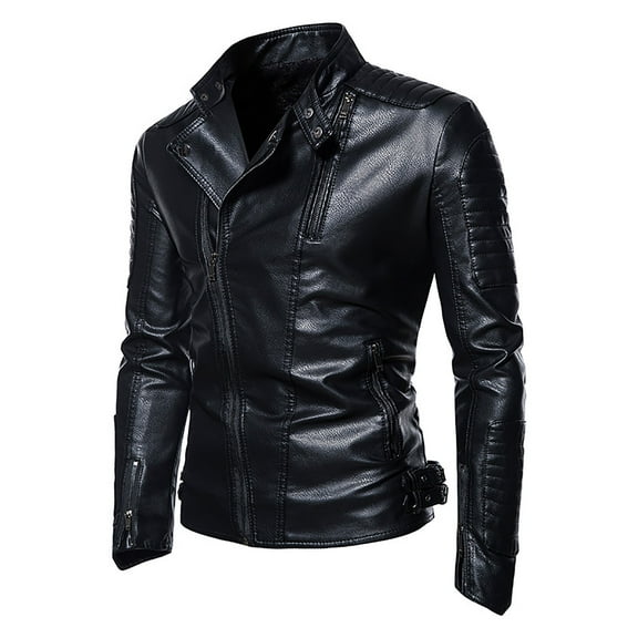 XMMSWDLA Blousse for Men Autumn Spring And Autumn Solid Color Zipper Faux Leather Jacket