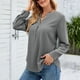 thumbnail image 2 of Moda mujer Casual sólido cuello en V manga larga suelta camiseta otoño blusa pulóver botón Tops Pompotops  FGAJ14380, 2 of 8