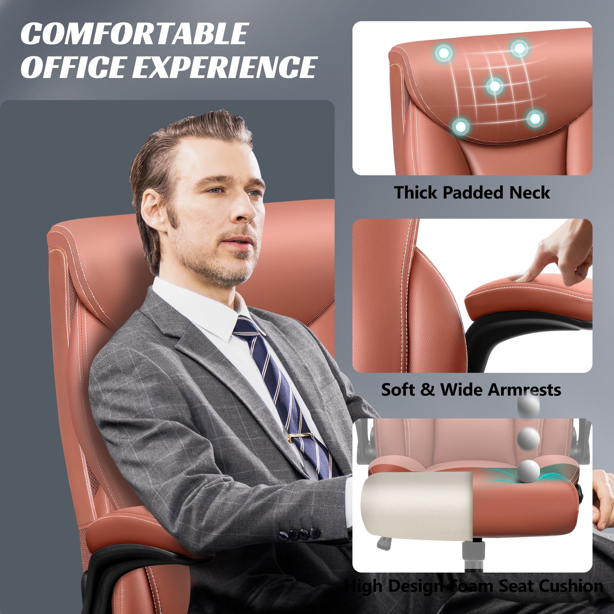 ATHOPE Executive Office Chair, Leather Office Chair with High Back Flip Up Armrests, Height Adjustable Comfy Desk Chair with Wheels, Ergonomic Computer Chair, Matte Brown