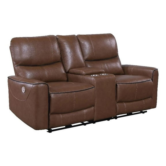 Pemberly Row Faux Leather Power Reclining Loveseat Console Saddle Brown