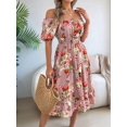 thumbnail image 5 of Women's Ruffle Off Shoulder Floral Midi Smocked Flowy Long Dresses Dress for Summer Spring Beach Pink S, 5 of 10