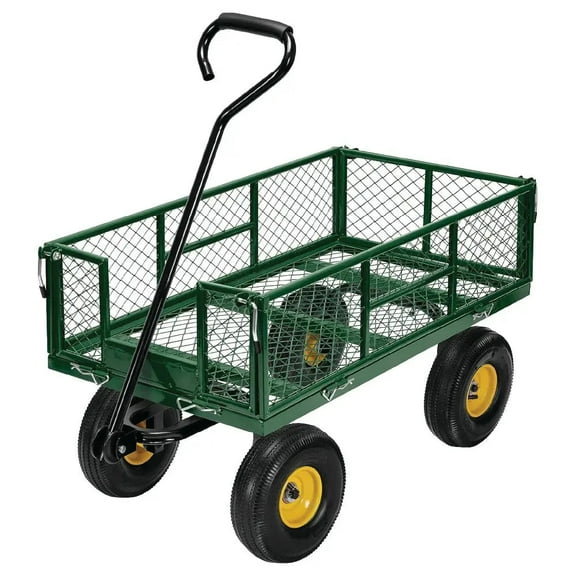 Heavy-Duty Steel Garden Cart with Removable Mesh Sides, Flatbed Conversion, 600 lb Capacity - Green