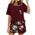 thumbnail image 1 of Jamicy Vêtements de Maison pour Femmes Ensemble Mode Décontracté Imprimé Maison Manches Courtes Col Rond Chandail Pyjama avec Short Ensemble de Nuit pour Femmes Vin, 1 of 5