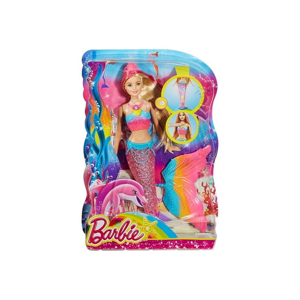 Barbie Dreamtopia Poupée sirène magique arc-en-ciel avec cheveux  arc-en-ciel et yeux bleus, fonction changement de couleur activée par l'eau  : : Jeux et Jouets