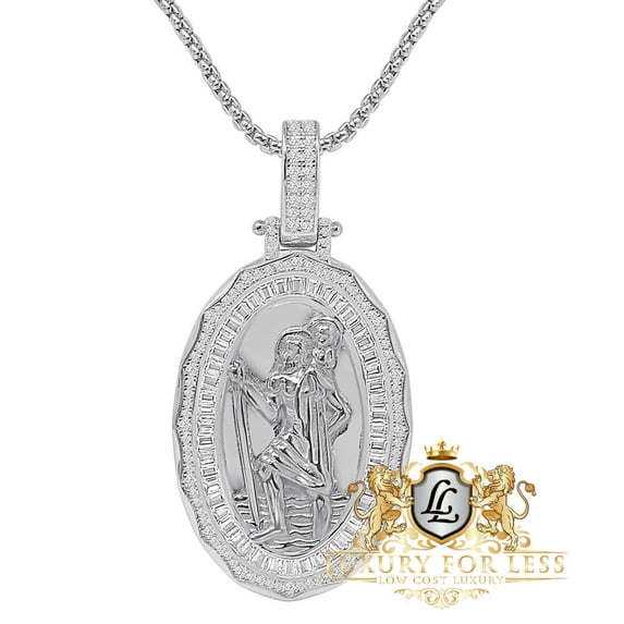 23+ Grams Baguette Real Silver Simulated Diamond Saint Christopher Charm Pendent