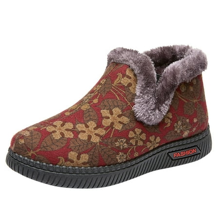

Women Walking Shoes Fashion Winter Women Snow Boots Flat Non Slip Round Toe Slip On Plush Flowers Warm And Comfortable Snow Boots for Women Artificial leather Red
