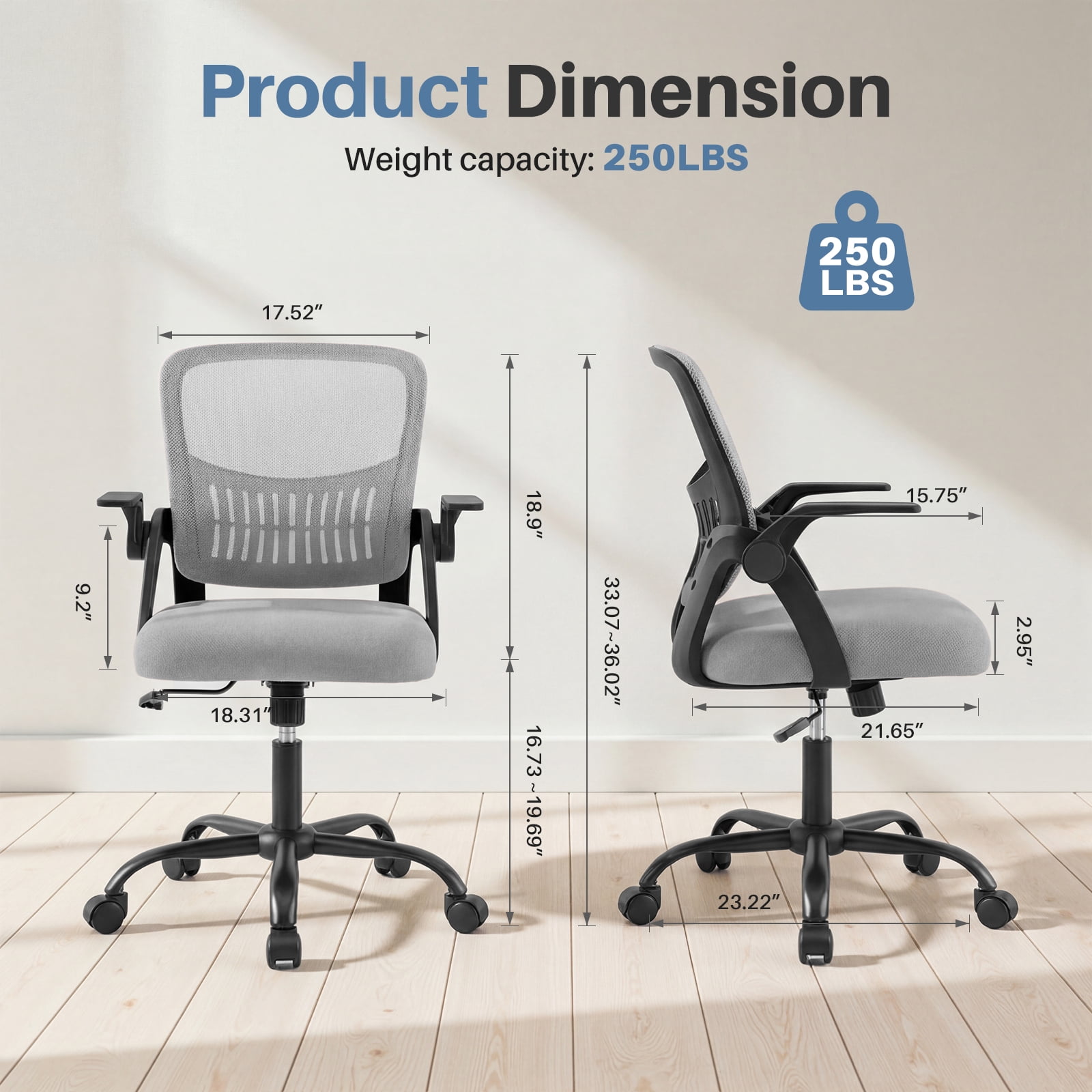 Flip-Up Armrest Fabric Computer Chair with Adjustable Rotating Backrest, Height Adjustable, 350 lbs Capacity, Multiple Colors