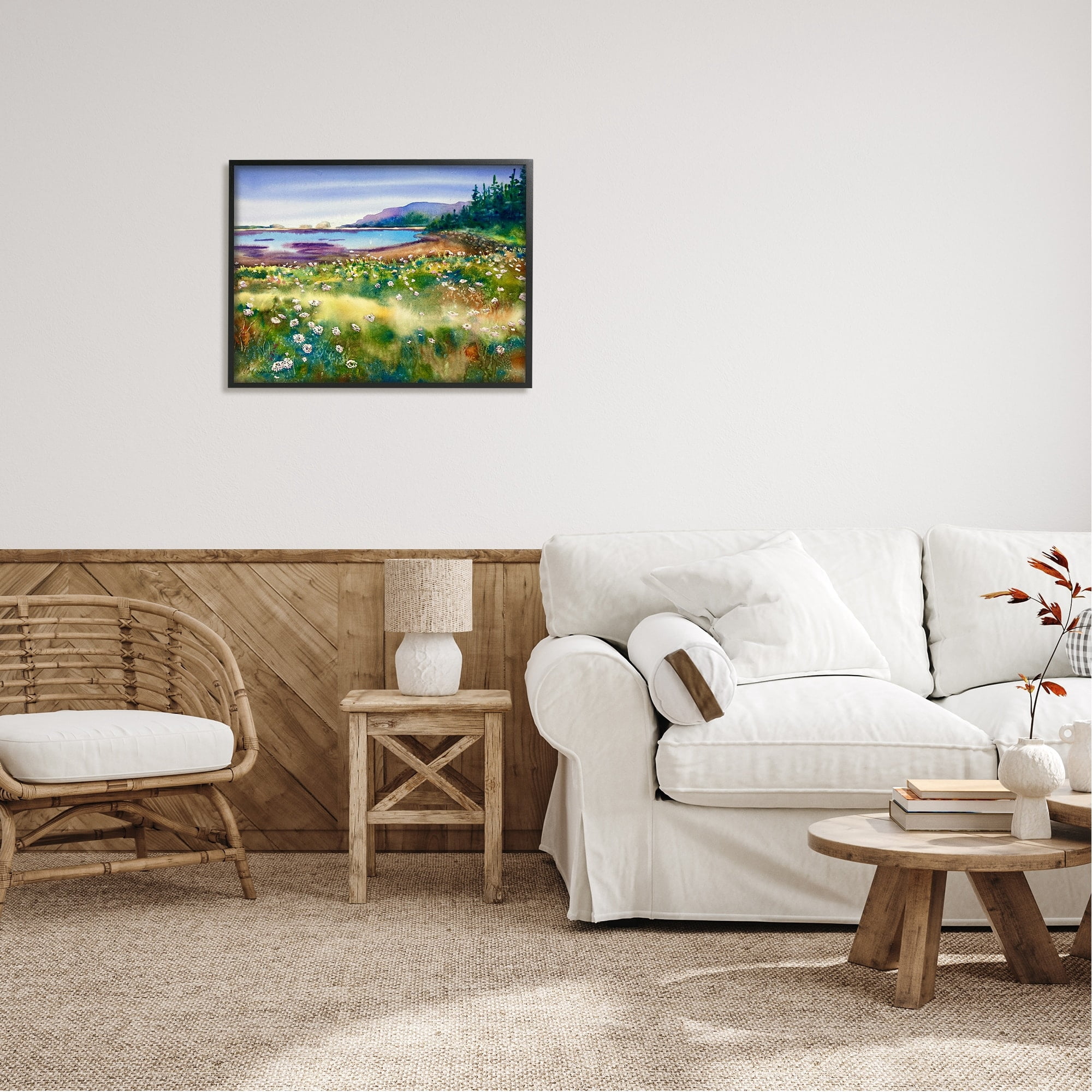Stupell Industries Soothing Pond View Flower Field Distant Mountains Paintings Black Framed Art Print Wall Art, 30x24, by MB Cunningham