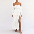 thumbnail image 3 of qafoshin Off Shoulder Dresses for Women Long Sleeve Solid Color Slit Maxi Dress, 3 of 6